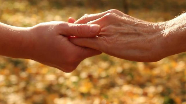 Close up of hands two people supporting, helping old person, gesture of trust