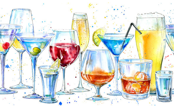 Seamless border of a shampagne,martini,whiskey,vodka, wine,liquor, beer, cognac and cocktail. Picture of a alcoholic drink.Beverage border.Watercolor hand drawn illustration.