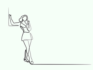 Continuous line drawing different wide. Happy sunbathing woman stretching. Vector illustration