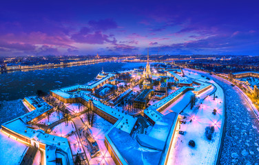 Cities of Russia. View of the city from the top. Night Petersbur