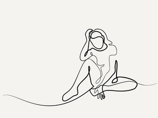 Continuous line drawing different wide. Sitting sad girl. Vector illustration