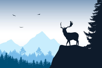 Deer with stags standing at the top of rock with mountains and forest in the background, with flying birds