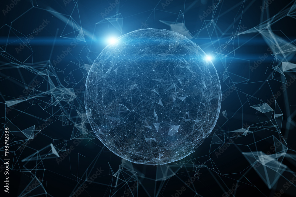 Poster abstract network data globe with sun light, view from space. copy space background.