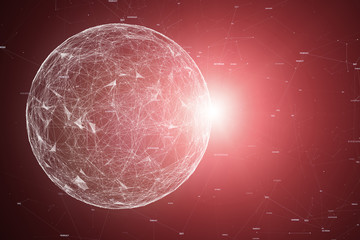 Conceptual network business words with artistic lines and dots on red background. Selective focus used.