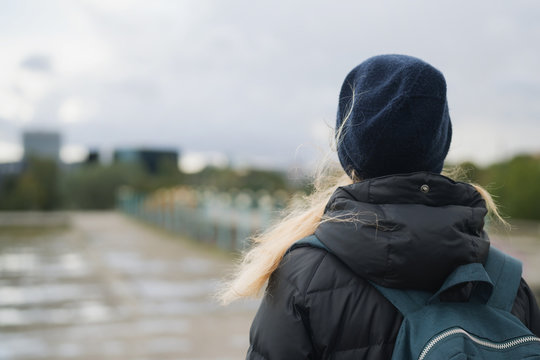 Teen Girl From Behind Walking In The City On A Autumn Day