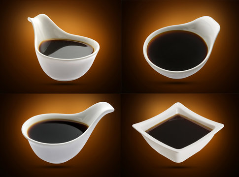 Soy sauce in white bowl
