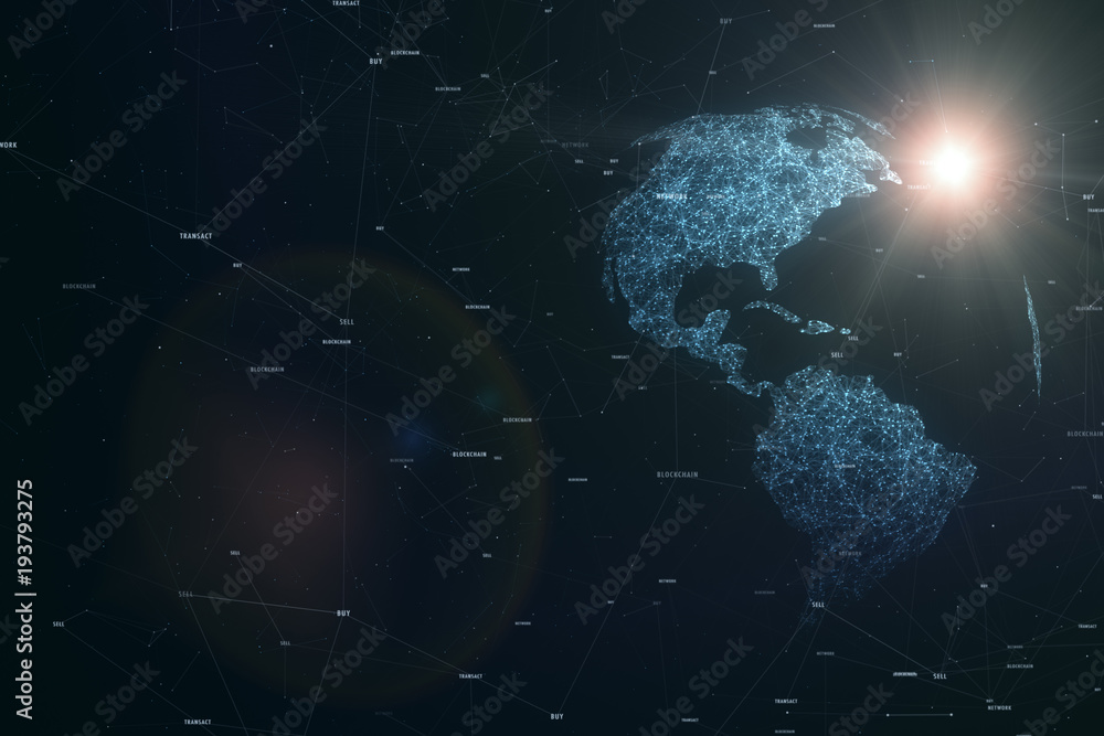 Poster conceptual network business words with artistic lines and dots on dark background with sunny earth p