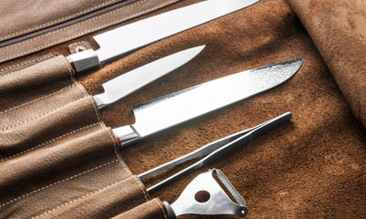Set of professional cook tools. Special case of cook knives.