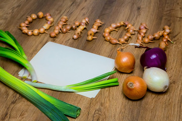 Fresh onions. Onions background. top view, place for the text