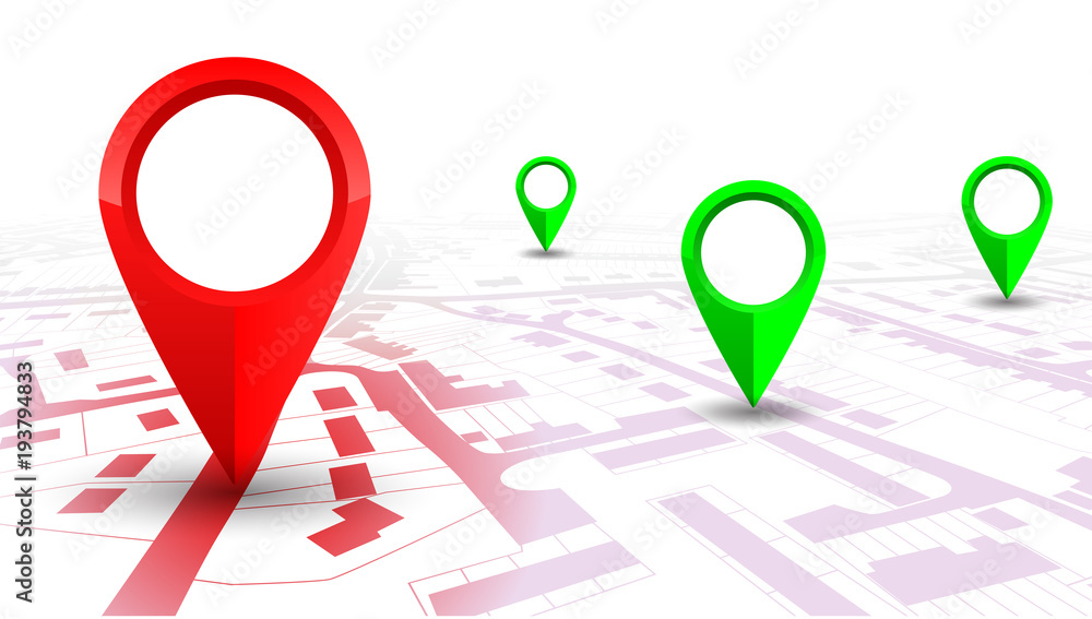 Poster Red GPS navigator pointer on city map, from place to place – vector