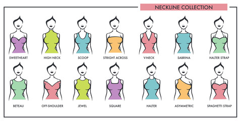 Woman neckline type models collection vector female dress necklines style isolated cons