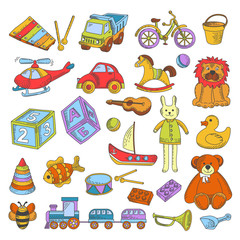 Kid toys or children playthings vector flat icons collection