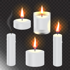Set of realistic vector white candle with fire on transparent background.Vector illustration.