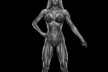 Cropped black white photo Fitness bikini model well trained body Sports competition female champion...