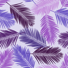Seamless floral pattern with stylized silk palm leaves. Jungle foliage, violet hues on lavender background. Textile design.