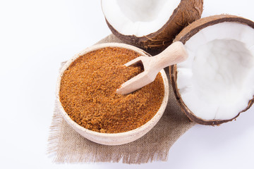 Coconut with coconut sugar isolated on white background. - 193796231