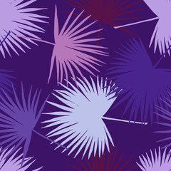 Seamless floral pattern with stylized fan palm leaves. Jungle foliage, violet hues on lilac background. Textile design.