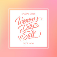 Women's Day Sale special offer card for business, promotion and advertising. Calligraphic lettering text design on blurred background. Vector illustration.