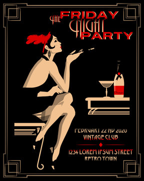 Flapper girl with cigarette holder. Retro party invitation card. Handmade drawing vector illustration. Art deco style.