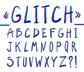 Distorted font. Glitch handwritten alphabet on white background with blue and red channels. Vector eps - 193796860