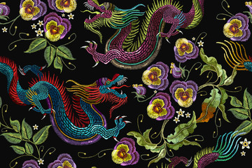 Embroidery chinese dragons and violets flowers seamless pattern. Classical embroidery asian dragons and beautiful flowers seamless pattern. Art dragons t-shirt design. Clothes, textile design template