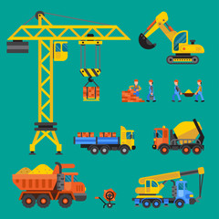 Building under construction vector crane and workers buildings construction technic illustration. Mixer truck builders people. Under construction concept. Workers in helmet tech machine isolated