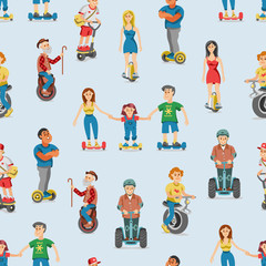 People on electric transport hoverboard segway vector set characters driving on gyroscooter and man balancing on electrical monowheel or eco balanceboard illustration seamless pattern background © partyvector