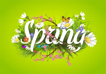 Fotobehang Spring vector text lettering background with flower floral green text letter ornament beautiful calligraphy flower hello Spring is coming poster illustration. © partyvector