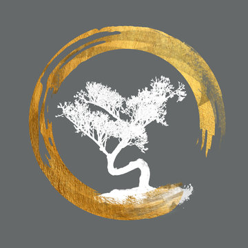 Bonsai Tree, Enso Circle, Feng Shui Symbol, Asian Art Calligraphy, Japanese / Chinese - Copy, Text, Body Space - Background Isolated