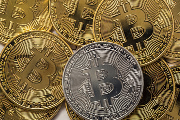 Close Up Golden and silver Bitcoin, Selective Focused. Electronic Money And Finance Concept.