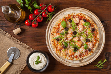 Fototapeta na wymiar Pizza with shrimps.