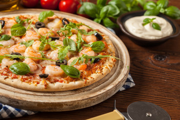 Pizza with shrimps.