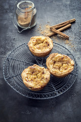 Traditional Portuguese pasteis de nata as close-up on a cooling rack