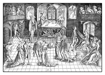 Ball at the royal court of Albrecht IV of Bavaria, reproduction of an engraving of Matthaeus Zafinger, year 1500