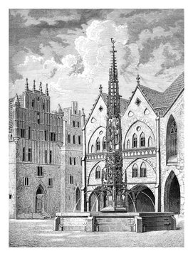 Vintage engraving of  medieval market square fountain  at Bad Urach in Baden Wuerttemberg, XV century
