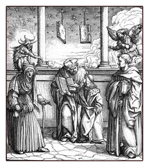  Holy Roman Emperor Maximilian I learns the alchemy of gold makers, reproduction from an engraving of Hans Burgkmair, year 1516 - obrazy, fototapety, plakaty