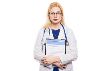 Woman doctor with stethoscope and clipboard