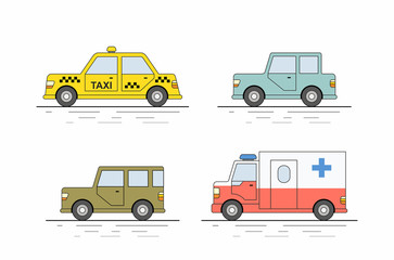 Car icons set. Flat colors style. Vector illustration