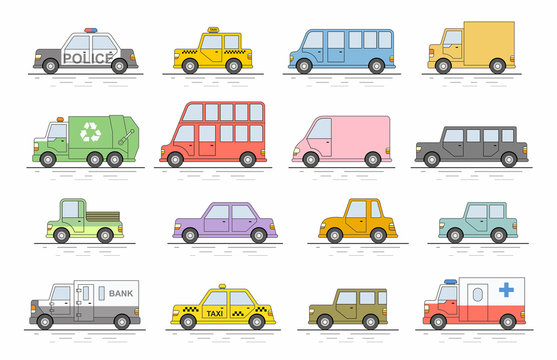 Car icons set. Flat colors style. Vector illustration