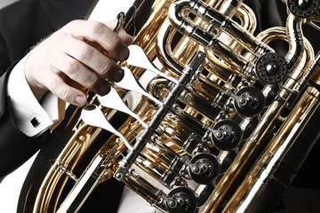 Abwaschbare Fototapete Sammlungen Blasinstrument der Tuba. Musikblasinstrument Nahaufnahme