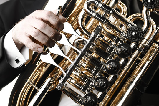 Tuba brass instrument. Musical wind instrument closeup