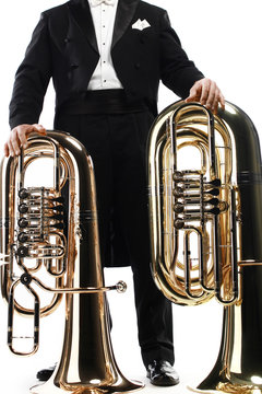 Tuba brass instrument. Wind horn music instrument