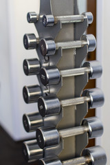 Fototapeta premium Sports equipment in the gym. close-up of dumbbells on rack in gym