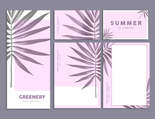 Pink tropical palm leaf corporate identity template design. Business stationery. Vector Illustration.