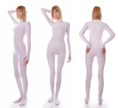 cute young woman standing in a white stretch spandex tight jumpsuit on all sides on white background isolated