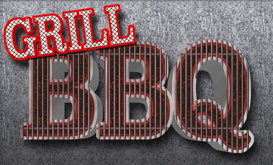 Stock Illustration - Large Text: BBQ Grill, Bright Red Text Grill Text BBQ in the shape of the grill, Big Glowing Coals BBQ, 3D Illustration, Grungy Background.
