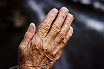 Old wrinkled hands of a praying mother