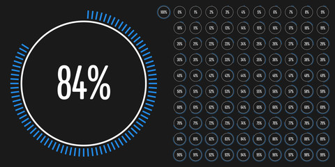 Set of circle percentage diagrams from 0 to 100 ready-to-use for web design, user interface (UI) or infographic - indicator with blue