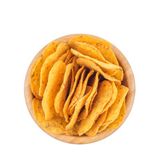 Corn chips nachos  in wooden bowl isolated on white. Top view.