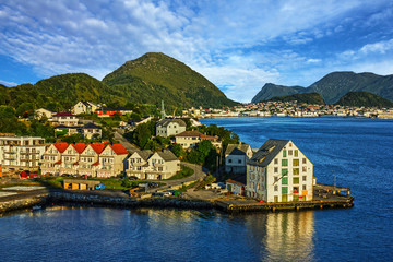 Naklejka premium Norway, Alesund town landscape, Fjord mountains